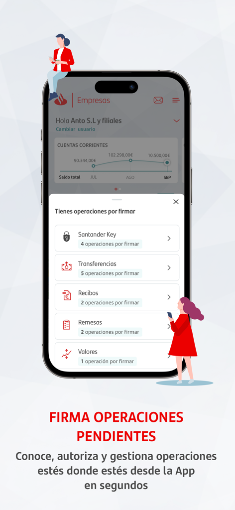Interfaz de la aplicación Santander Empresas mostrando un menú para firmar operaciones pendientes de banca de empresa como transferencias y recibos