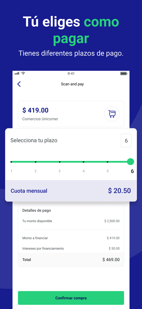Emma Pay - Interfaz de la aplicación Emma Pay que muestra cómo seleccionar las cuotas de pago mensuales para una compra.