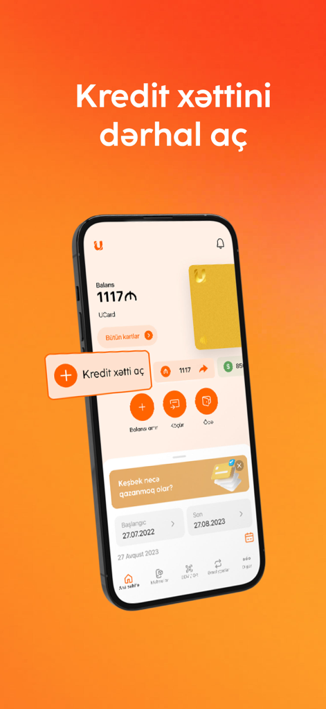 UBank by Unibank - Uno smartphone che mostra la dashboard dell'applicazione mobile UBank con le opzioni di saldo e linea di credito su uno sfondo arancione.