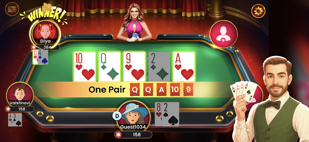Poker Champ TexasHoldem Omaha - A screenshot of Poker Champ showing a winning one pair hand on a virtual Texas Holdem table