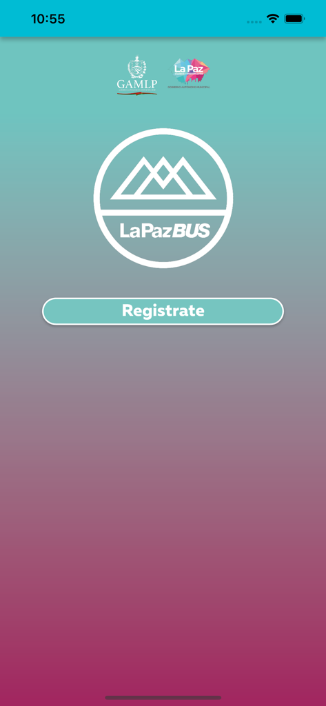 App La Paz Bus registration screen showing the municipal transport logo and a register button