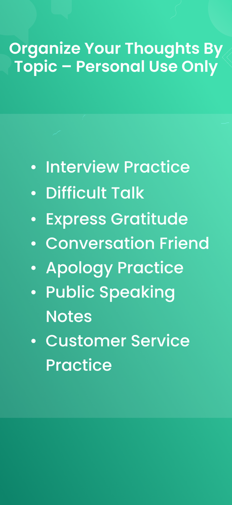 ChatsMock Chat Text - A list of practice chat scenarios including interview practice, difficult talks, and apology rehearsal for personal use.