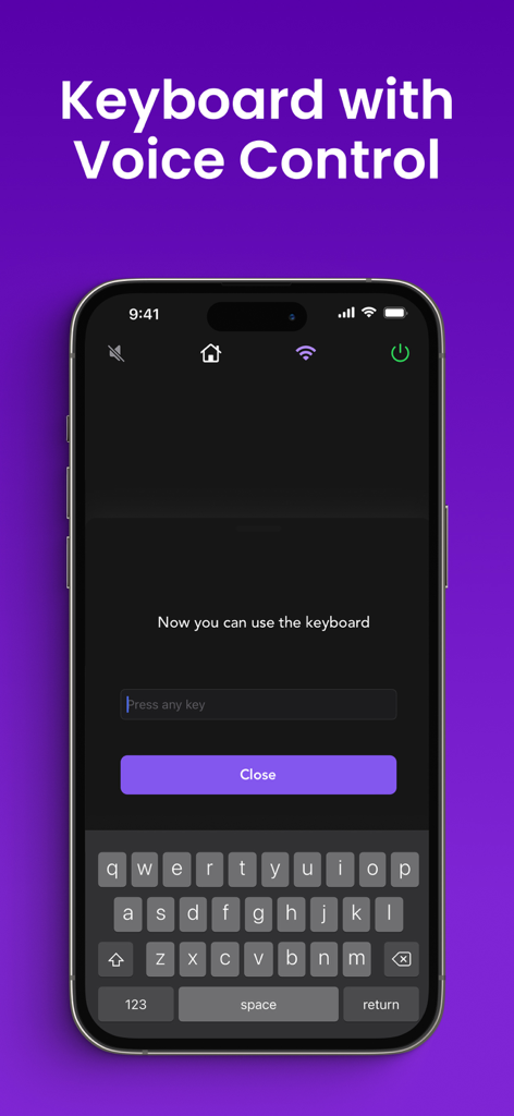 TV Remote for Roku · - Schermata dell'iPhone che mostra l'interfaccia della tastiera digitale e del controllo vocale dell'app telecomando Roku.
