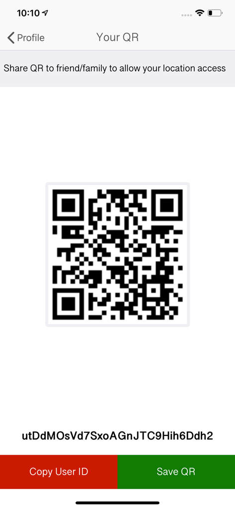Pantalla de código QR para compartir la ubicación con familiares y amigos.