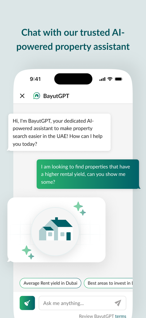 Bayut – UAE Property Search - BayutGPT AI property assistant interface showing a chat about high rental yield properties in the UAE