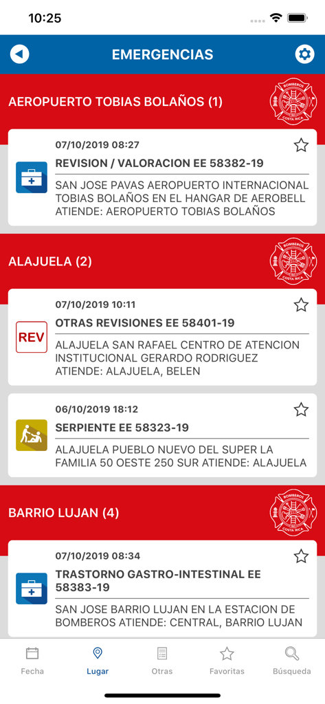 Bomberos CR - Bomberos CR app interface showing a list of real time emergency alerts in Costa Rica