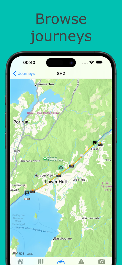 New Zealand Road Conditions - Pantalla de la aplicación que muestra una ruta de viaje por carretera en Nueva Zelanda con alertas de cámaras de tráfico