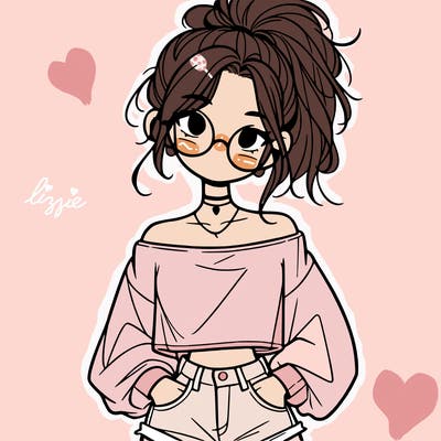 girl with a messy ponytail glasses a baggy crop top and jean shorts