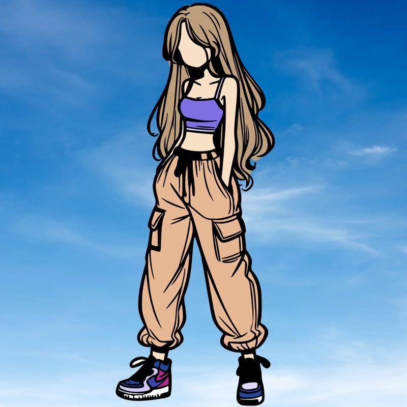 girl in baggy pants crop top and long hair