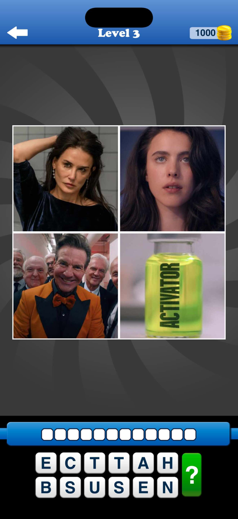 Guess the Movie: Film Pop Quiz - Una captura de pantalla de Adivina la Película: Quiz Cinematográfico que muestra un nivel de trivia con cuatro pistas de imágenes y un banco de letras.