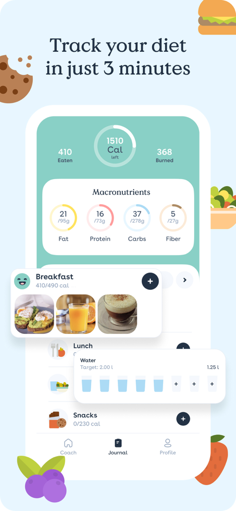A mobile interface for the Foodvisor app showing a daily calorie counter macronutrient breakdown and food journal with photos.