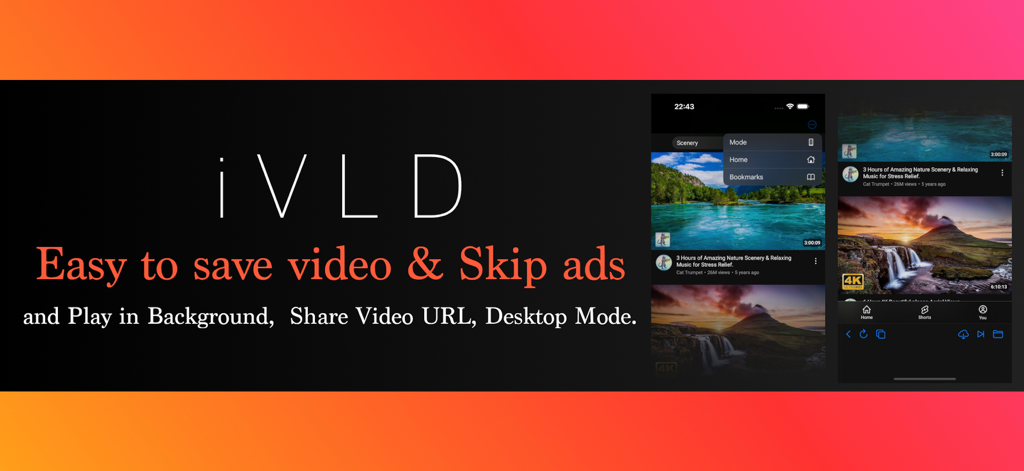 Video Saver Web Browser :iVLD - Póster promocional del Navegador Web Guardador de Vídeos iVLD que muestra funciones como omitir anuncios y reproducción en segundo plano
