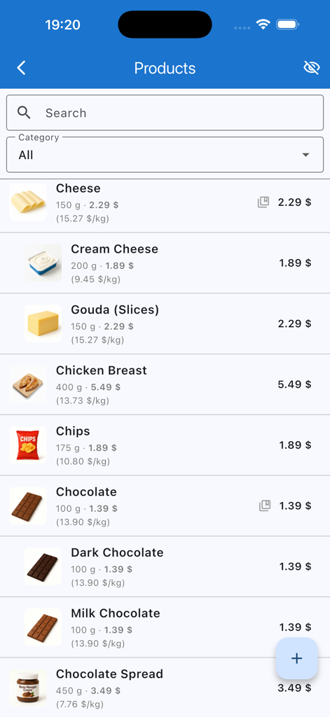 Una pantalla de la aplicación Einkaufix que muestra una lista de artículos de comestibles con imágenes, precios y pesos