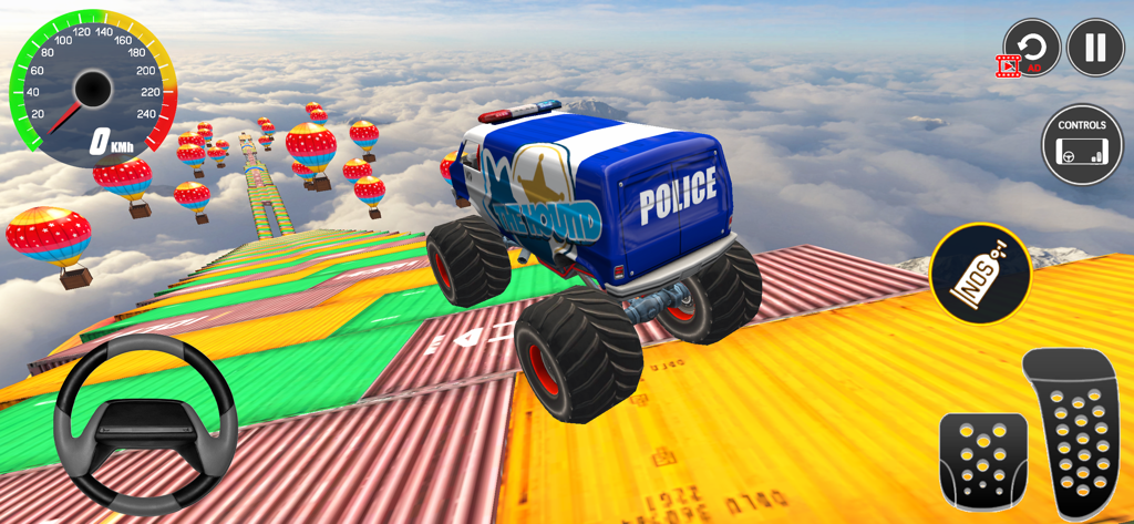 4x4 Monster Truck Racing Games - Police monster truck on colorful mega ramp above clouds