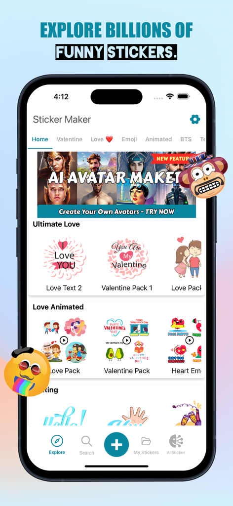 Sticker Maker app interface showing various sticker categories and an AI avatar maker banner.