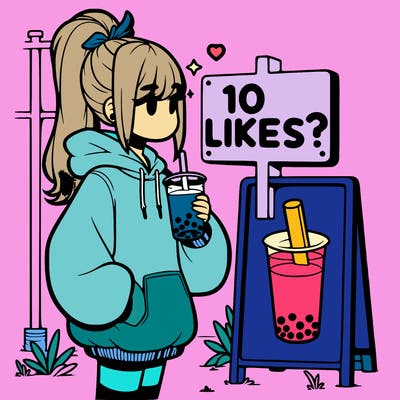 girl with oversized hoodie drinking boba and she has a high ponytail with a sign that says 10likes?