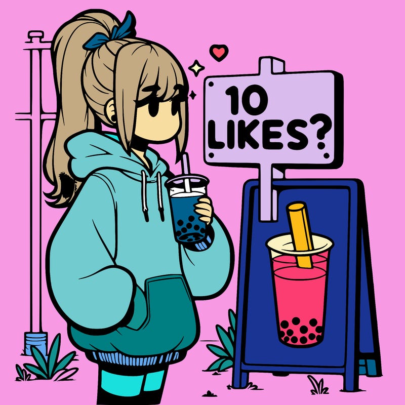 girl with oversized hoodie drinking boba and she has a high ponytail with a sign that says 10likes?