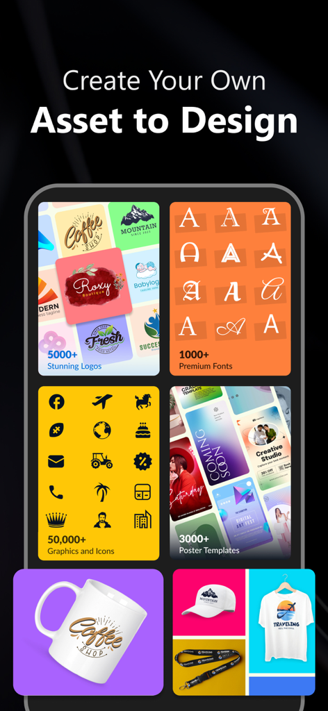 AI Logo Maker: Flyer Generator - Interface of a logo maker app displaying various branding assets like logos fonts icons and product mockups
