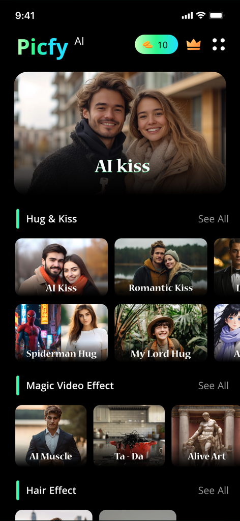 Ai Kiss Video Maker : Picfy - L'écran d'accueil de l'application Picfy AI présentant les effets vidéo AI kiss, AI hug et magic pour les tendances des réseaux sociaux.