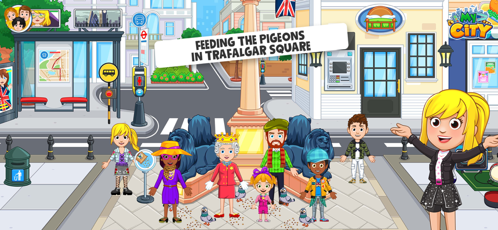 My City: London Trip Adventure - ロンドンのトラファルガー広場で、カートゥーンキャラクターと女王がハトに餌をあげている様子