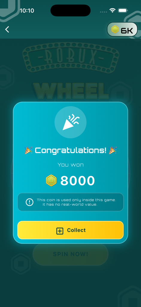 Loto Points – Spin & Rewards - A congratulatory pop up window in the Loto Points app showing a user has won 8000 in game coins from the spin wheel