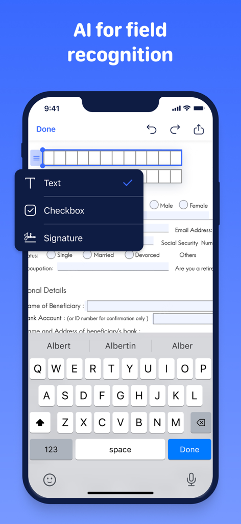 Oberfläche der mobilen App, die KI-Feld-Erkennung zum Ausfüllen von PDF-Formularen mit Text, Kontrollkästchen und Signaturen zeigt