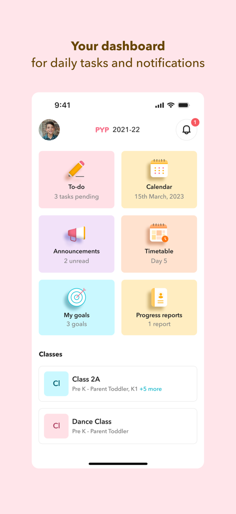 Toddle Student - Toddle Student app dashboard showing tiles for tasks, calendar, announcements, and progress reports.