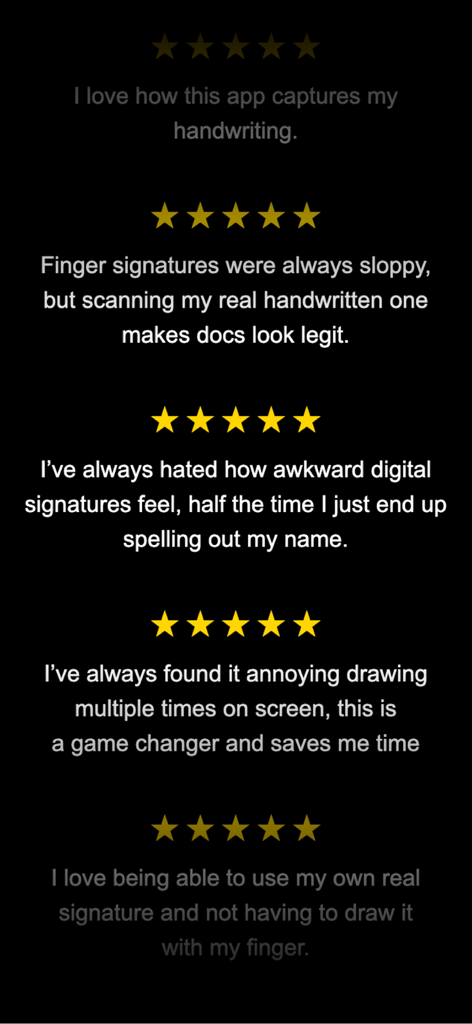 Five star user reviews for ZipSign Signature Maker app praising handwriting capture and professional digital signatures