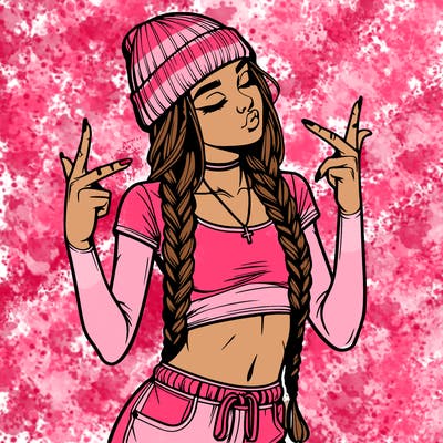 realistic teenage girl with braids and a beanie and crop top doing 🫶🏼