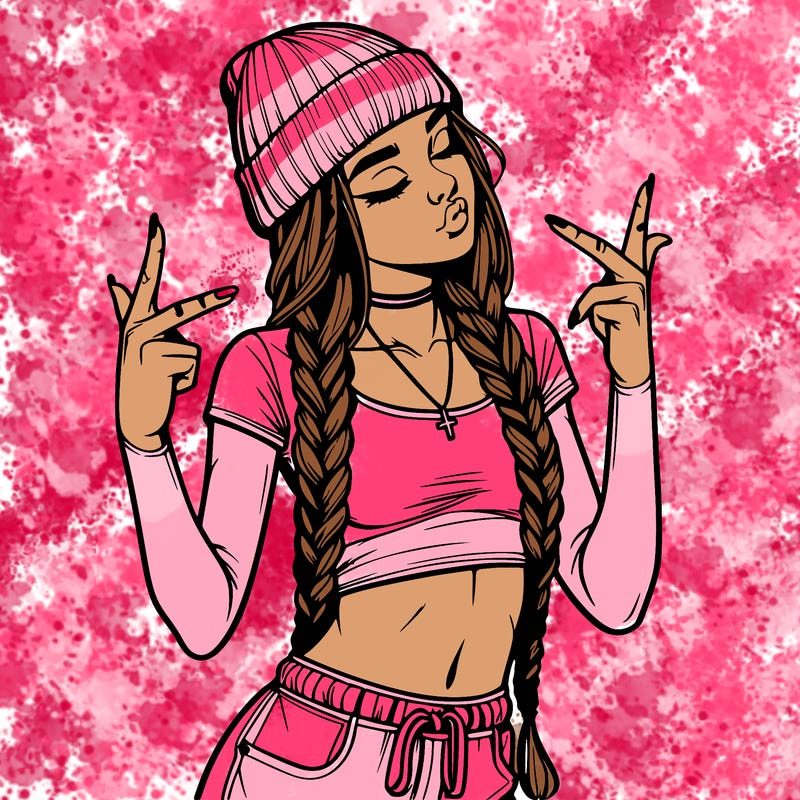 realistic teenage girl with braids and a beanie and crop top doing 🫶🏼