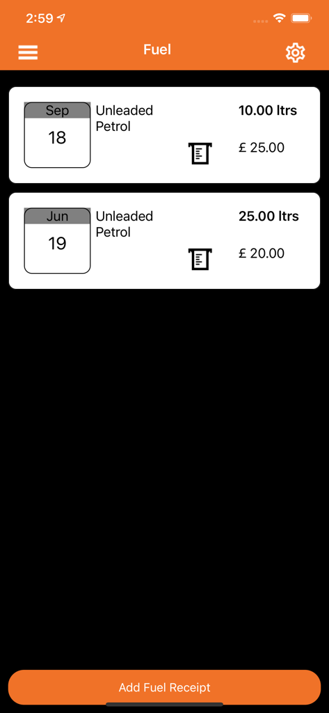 Mileage Track - A summary list of fuel expense entries in the Mileage Track app showing quantities and costs.