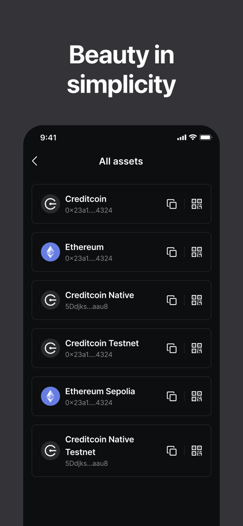 Credit Wallet: Crypto Wallet - Interfaz de la aplicación móvil Credit Wallet que muestra una lista de activos criptográficos, incluidos Creditcoin y Ethereum