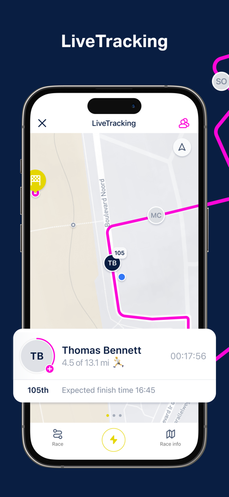 London Landmarks Half Marathon - London Landmarks Half Marathon app screen showing live runner tracking on a map