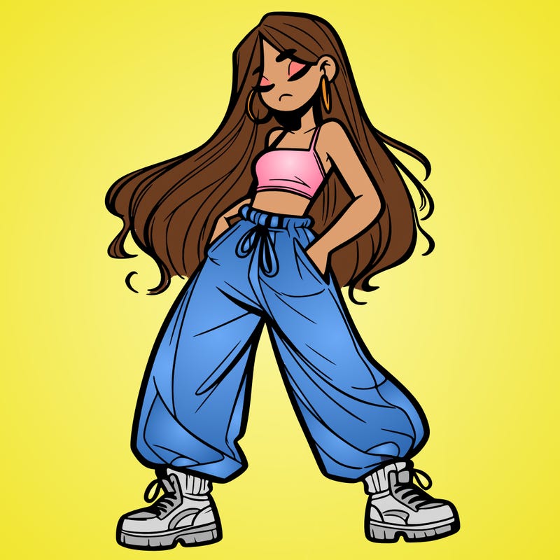 girl in baggy pants crop top and long hair