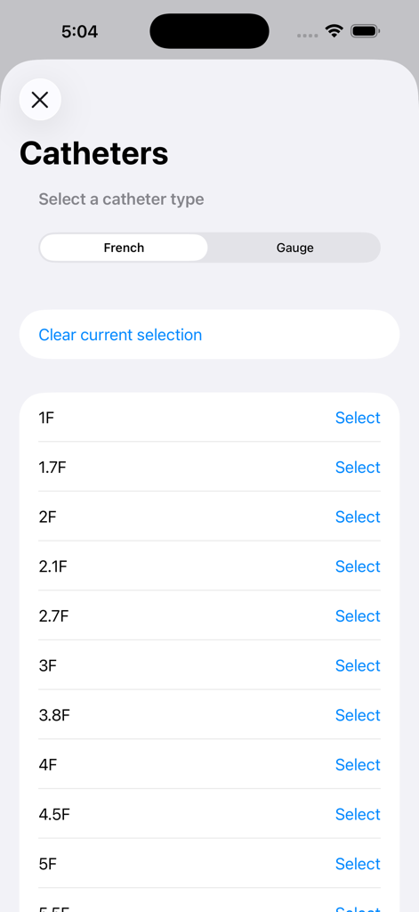Catheter selection screen in CVR Calc app showing French size options for clinical assessment