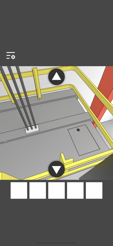 Elevator Room Escape - Top view of an elevator cabin with yellow railings and navigation arrows in the Elevator Room Escape game.