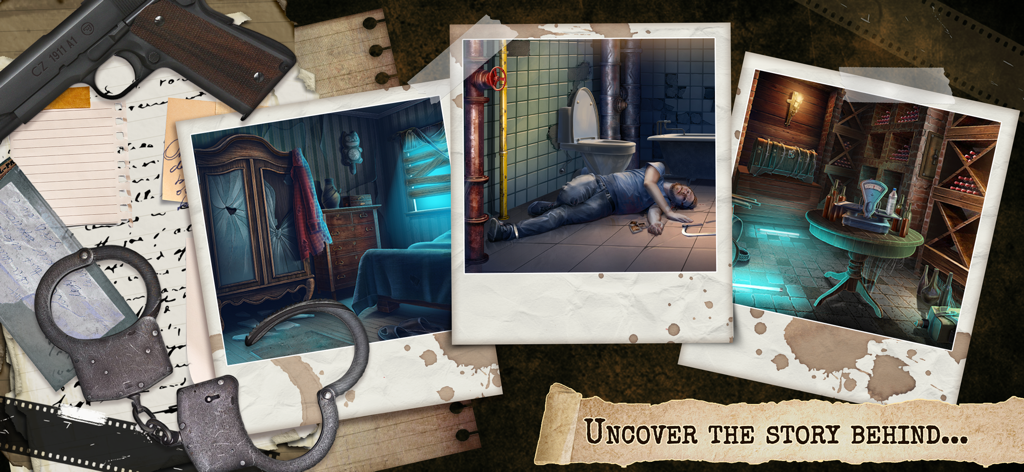 Detective: Escape Room Horror - Noir detective evidence board with crime scene polaroids, a handgun, and handcuffs