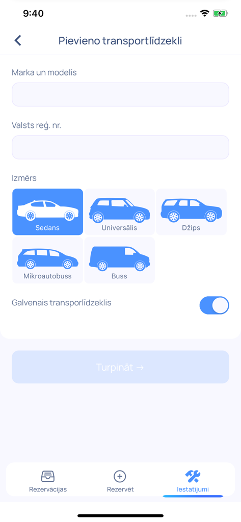 WashCar - Add vehicle screen in WashCar app with car type selection icons