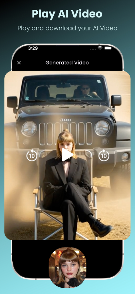 Bing video creator - Interface of the Bing video creator app showing an AI generated video of a woman sitting in front of a jeep in the desert with playback controls