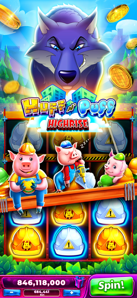 Juego de tragamonedas Jackpot Party Casino Huff n' Puff Highrise con tres cerditos y un lobo feroz