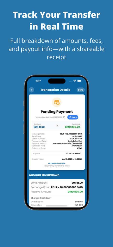 Screenshot of the APS Money Transfer app showing a detailed transaction receipt with real-time tracking for a transfer to The Gambia.