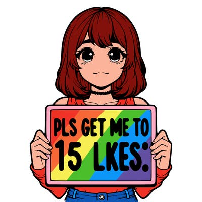 realistic girl holding up a sign that says “pls get me to 15 likes!”