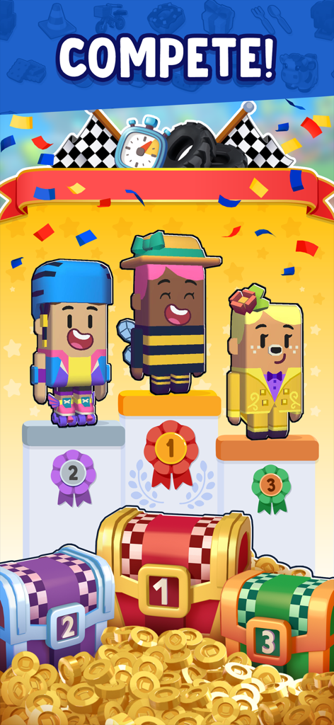 Merge Mayor characters standing on a winners podium with three reward chests and a pile of gold coins.