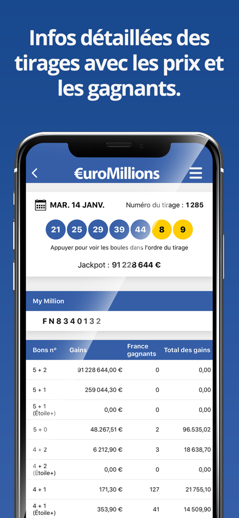 EuroMillions (Française) - Pantalla de la aplicación EuroMillions que muestra los detalles de los resultados del sorteo, incluidos los números ganadores, el monto del premio mayor y el desglose de premios por nivel en francés.