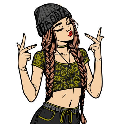 realistic teenage girl with braids and a beanie and crop top doing 🫶🏼