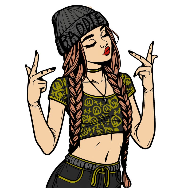 realistic teenage girl with braids and a beanie and crop top doing 🫶🏼