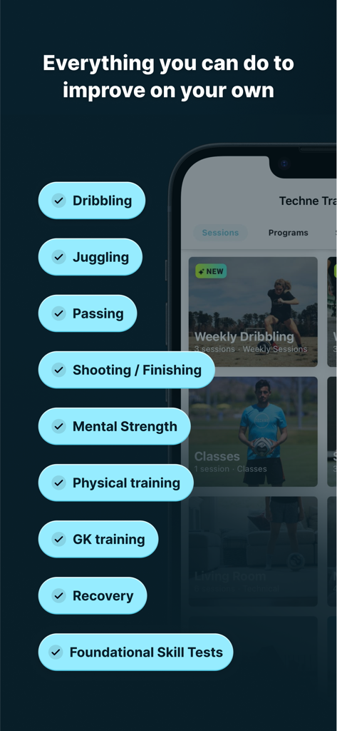A mobile app screen for Techne Futbol listing various soccer training categories like dribbling, juggling, and passing.