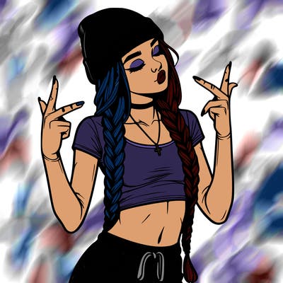 realistic teenage girl with braids and a beanie and crop top doing 🫶🏼