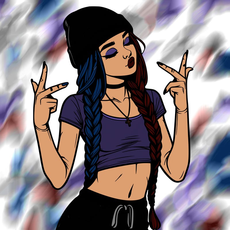 realistic teenage girl with braids and a beanie and crop top doing 🫶🏼