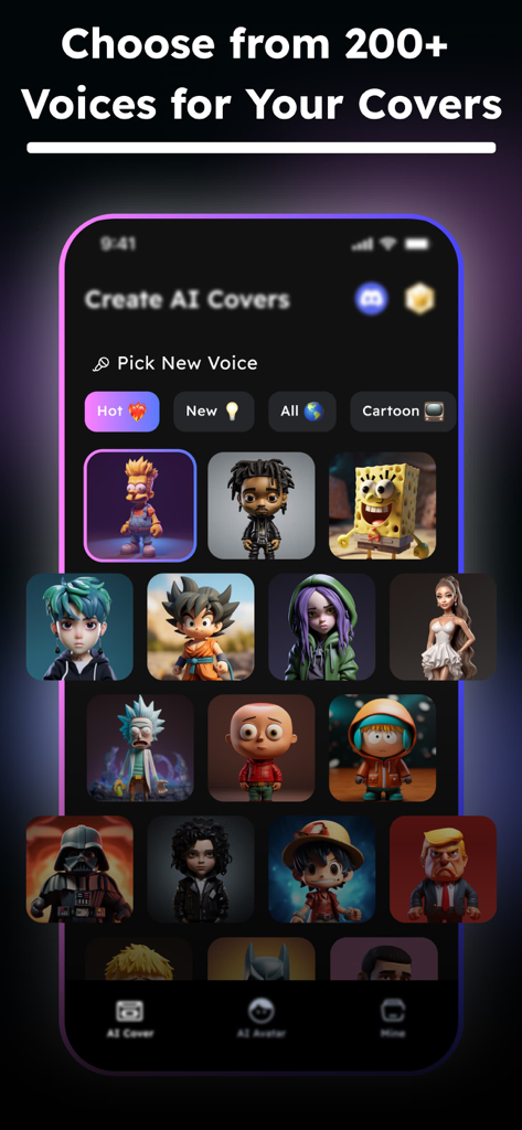 Music Maker: AI Song Generator - Interfaz mostrando más de 200 opciones de voz IA para portadas de música con varios avatares de personajes